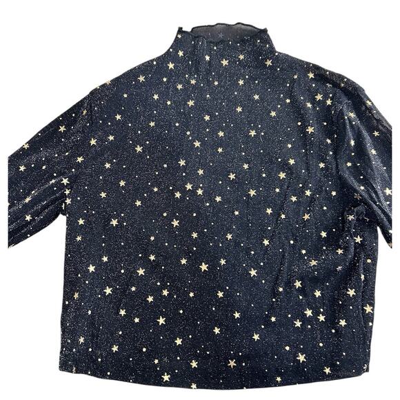 Black Mesh Crop Top Sz M Gold Stars Mock Neck Long-Sleeve Blouse Stretch - Picture 9 of 10